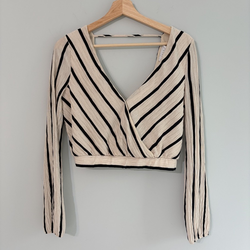 SAGE The Label Made in USA Striped Black Cream Cropped Top Women's Size M